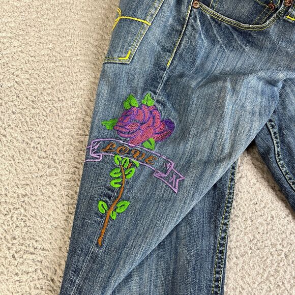 Seven7 Jeans Womens 32 Blue Embroidery Mid Rise Roses Bootcut Denim Stretch Y2K - Picture 1 of 16